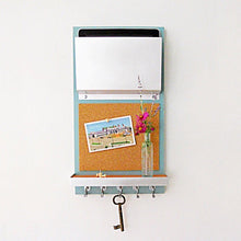 Load image into Gallery viewer, Light blue organizer with key hanging on hook from underneath and a post card on the cork board.